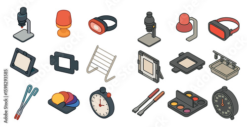Laboratory equipment isometric icons set – scientific, 3d, experimental symbols
