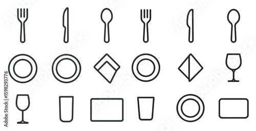 Dining and kitchen outline icons set – flat, line, culinary and tableware symbols