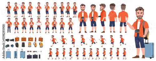 Traveler character model sheet, Character poses, expressions, Walk cycle, Run cycle animated character sequences.