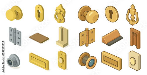 Door and hardware isometric icons set – 3d, silhouette, construction and home decor