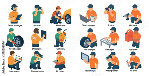 Motorsport team flat icons set – pit crew, mechanic, racing elements