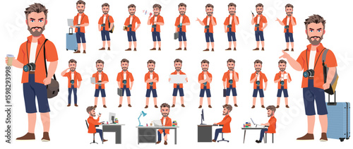 Traveler character model sheet, Character poses, expressions, Walk cycle, Run cycle animated character sequences.