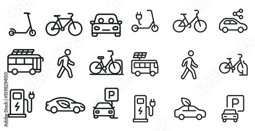 Eco-friendly transportation icons set – outline, line, green mobility symbols