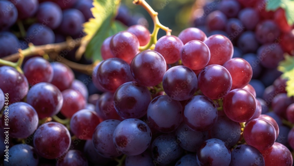 Clusters of red and purple grapes hanging from vine, ripe and ready for harvest. Fruit and agriculture, food. Nature and harvest. The concept of fresh fruit and viticulture. Clusters of red and purple grapes hanging from vine, ripe and ready for harvest. Fruit and agriculture, food. Nature and harvest. The concept of fresh fruit and viticulture.