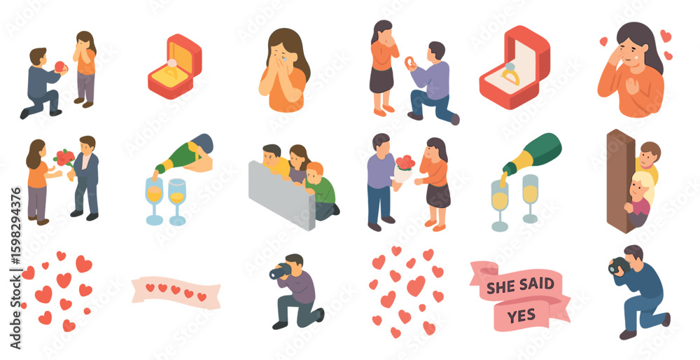 Fototapeta premium Engagement and proposal isometric icons set – romantic, love, marriage symbols