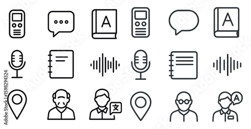 Communication and language icons set – outline, linear, speech and translation symbols