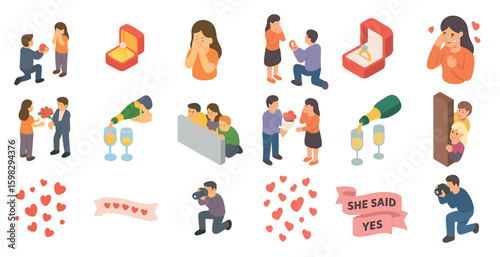 Engagement and proposal isometric icons set – romantic, love, marriage symbols