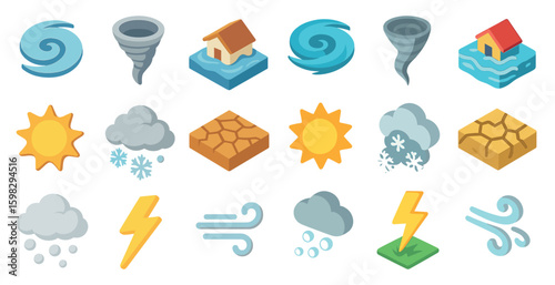 Weather and disaster icons set – isometric, 3d, climate and natural phenomena symbols