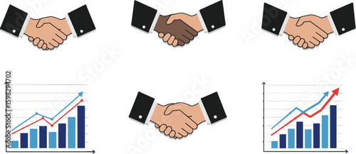Vector art of illustrations of handshakes and business graphs symbolize successful agreements and financial growth isolated on white background