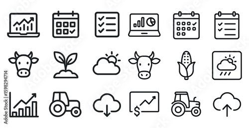 Agriculture and farm icons set – outline, linear, farming and harvest symbols