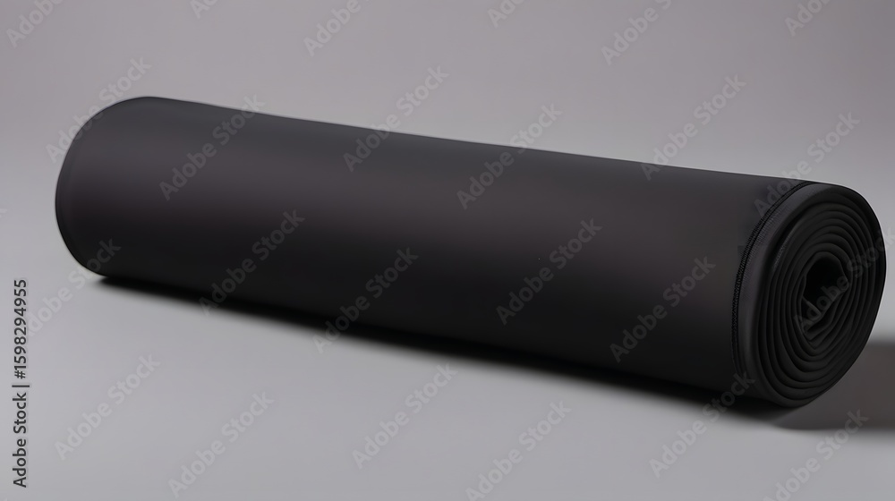 A tightly rolled tube of dark gray material lays horizontally against a neutral background in soft lighting. A tightly rolled tube of dark gray material lays horizontally against a neutral background in soft lighting.