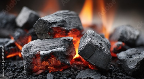 Close-up of glowing charcoal briquettes