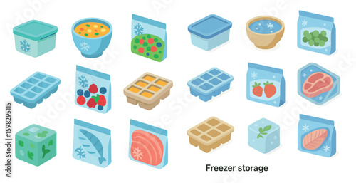 Freezer storage icons set in isometric style – 3d, frozen, food preservation symbols