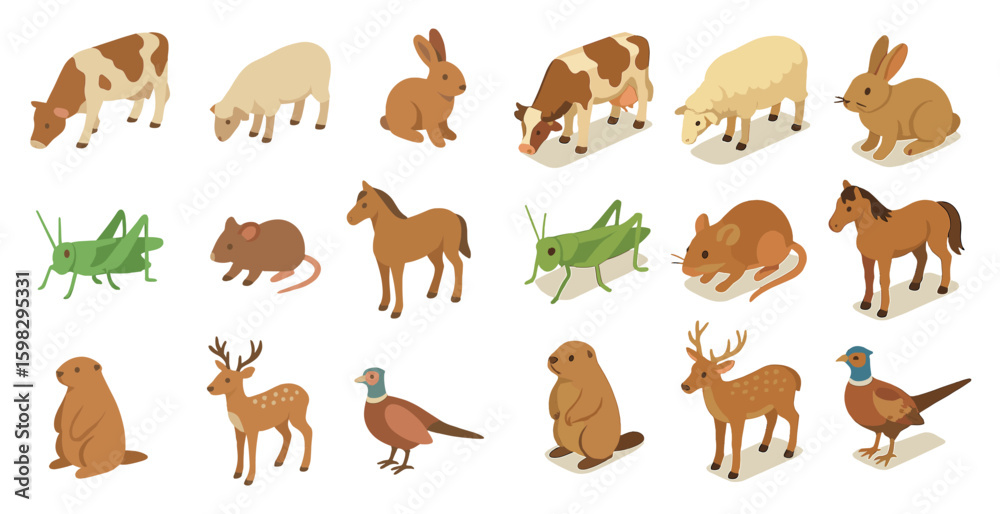 Obraz premium Farm and wildlife isometric icons set – pixel art, farm animals, nature collection