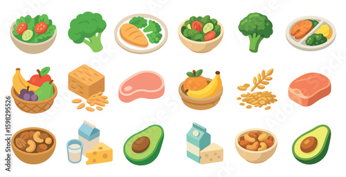 Healthy food isometric icons set – nutrition, diet, fresh produce symbols
