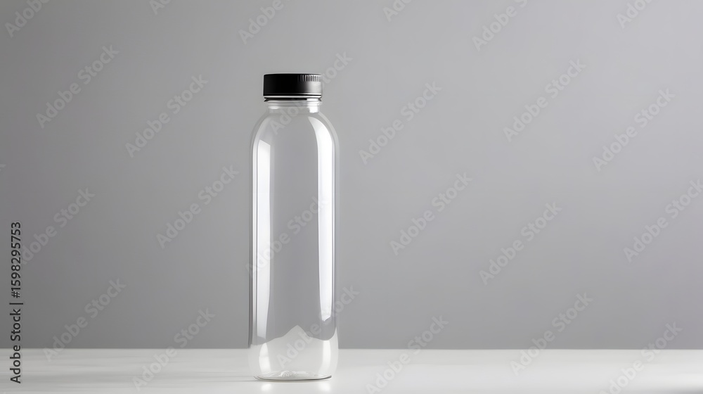 An empty clear plastic water bottle with a black cap sits on a white surface against a gray backdrop. An empty clear plastic water bottle with a black cap sits on a white surface against a gray backdrop.