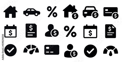 Finance and paycheck silhouette icons set – money, banking, economic symbols