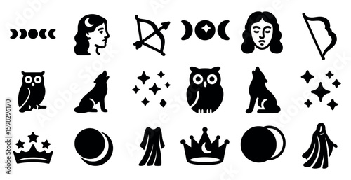 Astrology and magic silhouette icons set – mystical, celestial, divination symbols