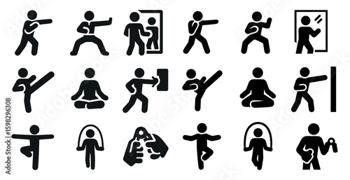 Fitness and exercise solid icons set – workout, health, activity symbols