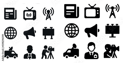 Communication solid icons set – filled, broadcast and media technology symbols