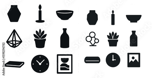 Home decor silhouette icons set – minimalist, modern, interior design symbols