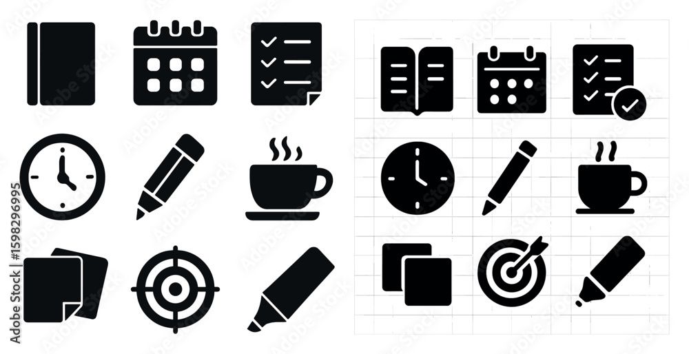 Fototapeta premium Office productivity solid icons set – filled, work tools and efficiency symbols