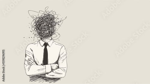 Sketch of confused man with scribbled head in shirt and tie