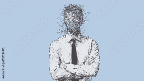 Sketch of confused man with scribbled head in shirt and tie