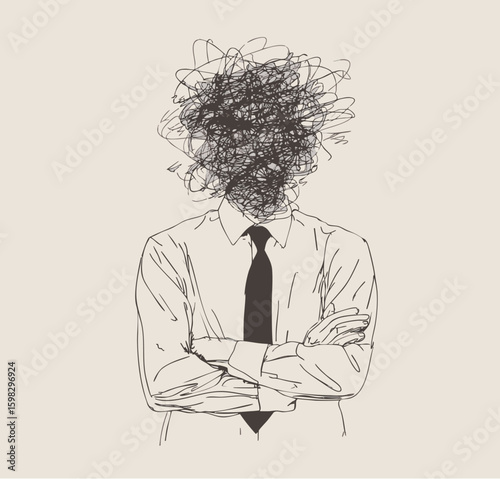Doodle of anxious businessman with tangled scribble head