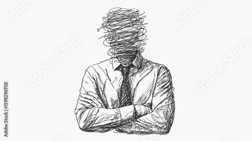 Doodle of anxious businessman with tangled scribble head