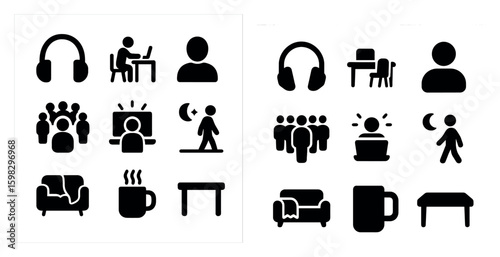 Work from home solid icons set – silhouette, office, remote work symbols