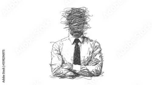 Doodle of anxious businessman with tangled scribble head