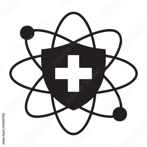 Shield with a white cross at the center surrounded by an atomic structure symbolizing health and protection