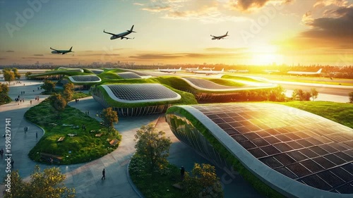 Eco-friendly airport design with solar panels, green roofs, and airplanes taking off at sunset
