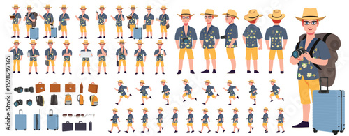 Traveler character model sheet, Character poses, expressions, Walk cycle, Run cycle animated character sequences.