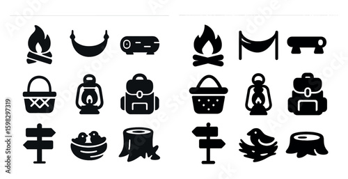 Camping and outdoor solid icons set – silhouette, nature, adventure symbols