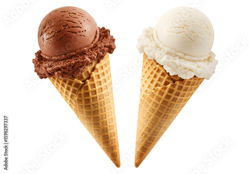Two Ice Cream Cones Chocolate and Vanilla on Transparent Background