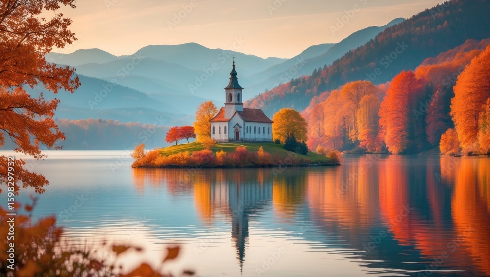 Fototapeta premium Autumn landscape with a church on an island in a lake, surrounded by colorful fall trees and mountain scenery.