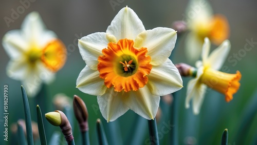 White daffodil with orange center in bloom, with other blossoms and buds around. Flower and plant, nature, spring. The image of floral beauty and gardening.