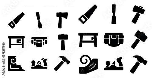Woodwork silhouette icons set – tools, carpentry, construction symbols collection