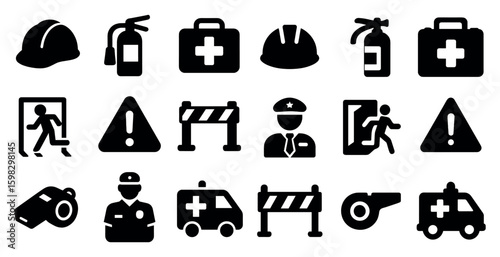 Safety and emergency icons set in solid style – alert, rescue, protection symbols