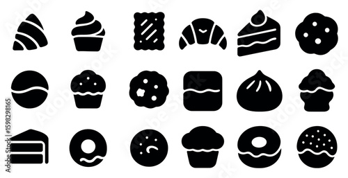 Bakery and pastry icons set – solid, filled, dessert and confectionery graphics