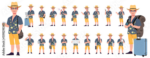 Traveler character model sheet, Character poses, expressions, Walk cycle, Run cycle animated character sequences.