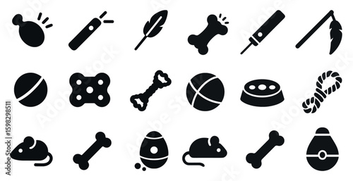 Pet care and toys solid icons set – silhouette, filled, animal accessory symbols