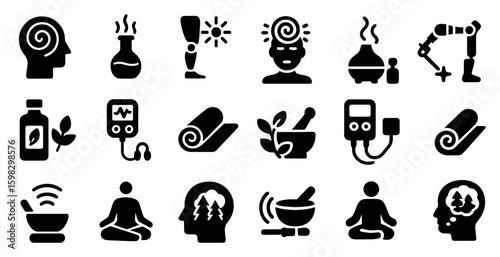 Wellness and relaxation solid icons set – spa, meditation, mental health symbols