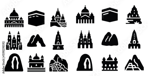 Religious landmark silhouette icons set – churches, temples, holy architecture symbols
