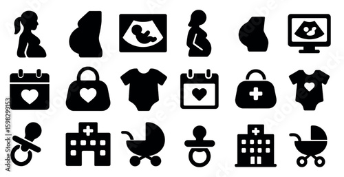 Maternity and pregnancy icons set – solid, silhouette, prenatal and baby care symbols