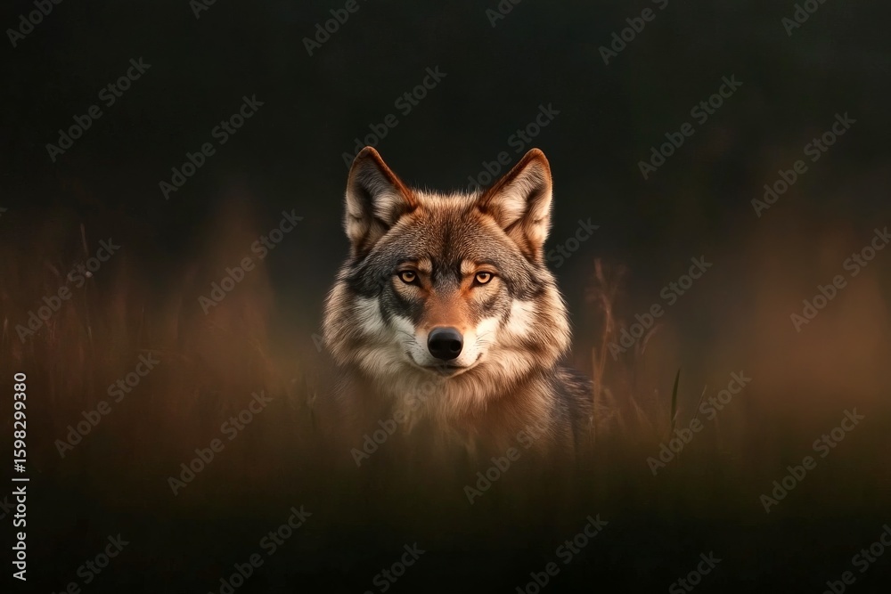 Fototapeta premium Lone wolf in misty grassland at dusk with intense stare