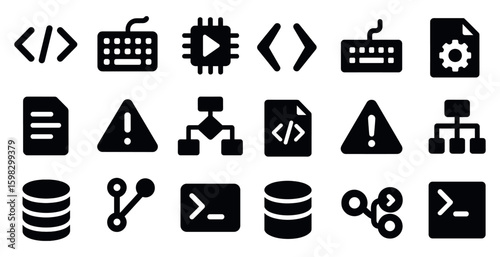 Programming and technology solid icons set – filled, workflow, coding symbols