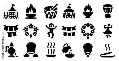 Indian festival solid icons set – silhouette, cultural and celebratory symbols